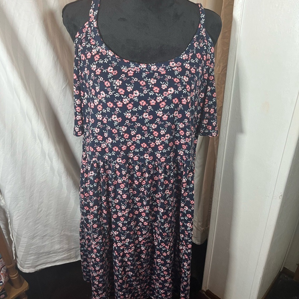 Sweet Lovely by Jen Navy Pink Floral Cold Shoulder Midi Dress Womens 3XL